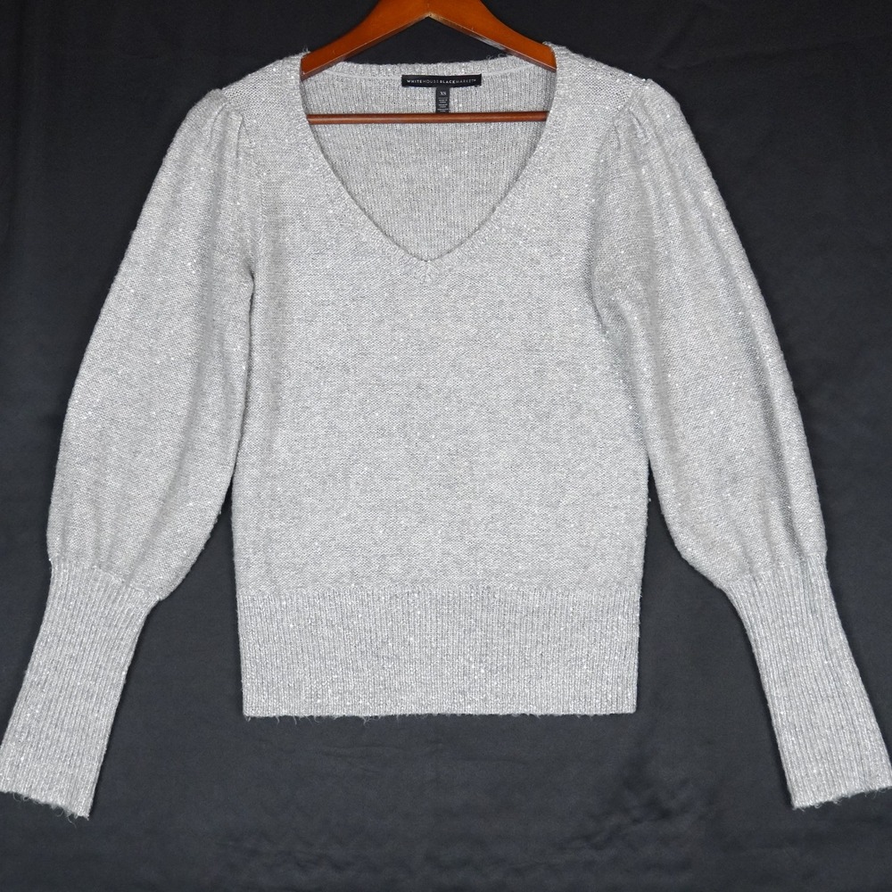 White House Black Market Sweater Womens XS Silver Sequin Puff Sleeve V-Neck Knit